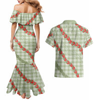 Omaomao Aloha Hawaii Couples Matching Mermaid Dress and Hawaiian Shirt Rosebud Lei With Palaka Motif - Polynesian Pride