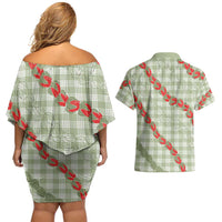 Omaomao Aloha Hawaii Couples Matching Off Shoulder Short Dress and Hawaiian Shirt Rosebud Lei With Palaka Motif - Polynesian Pride