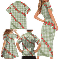 Omaomao Aloha Hawaii Family Matching Short Sleeve Bodycon Dress and Hawaiian Shirt Rosebud Lei With Palaka Motif - Polynesian Pride
