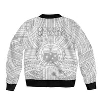 Samoa White Sunday Sleeve Zip Bomber Jacket Manuia le Aso Sa o Tamaiti Polynesian Plumeria LT14 - Polynesian Pride