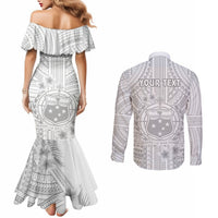 Personalised Samoa White Sunday Couples Matching Mermaid Dress and Long Sleeve Button Shirts Manuia le Aso Sa o Tamaiti Polynesian Plumeria LT14 - Polynesian Pride