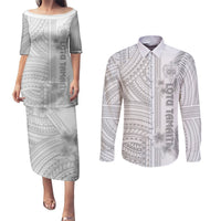 Personalised Samoa White Sunday Couples Matching Puletasi Dress and Long Sleeve Button Shirts Manuia le Aso Sa o Tamaiti Polynesian Plumeria LT14 White - Polynesian Pride