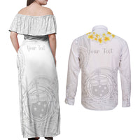 Personalised Samoa White Sunday Couples Matching Off Shoulder Maxi Dress and Long Sleeve Button Shirts Lotu Tamaiti 2023 With Coat Of Arms LT14 - Polynesian Pride