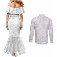 Polynesia White Sunday Couples Matching Mermaid Dress and Long Sleeve Button Shirts Polynesian Pattern With Tropical Flowers LT14 - Polynesian Pride