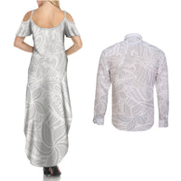 Polynesia White Sunday Couples Matching Summer Maxi Dress and Long Sleeve Button Shirts Polynesian Pattern With Tropical Flowers LT14 - Polynesian Pride