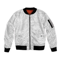 Polynesia White Sunday Sleeve Zip Bomber Jacket Polynesian Pattern With Tropical Flowers LT14 Unisex White - Polynesian Pride
