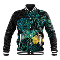 New Zealand Fantail Bird Baseball Jacket Maori Piwakawaka Kowhai - Paua Shell Pattern LT14 Unisex Green - Polynesian Pride