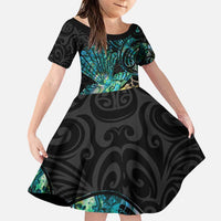 New Zealand Fantail Bird Family Matching Puletasi and Hawaiian Shirt Maori Piwakawaka Kowhai - Paua Shell Pattern