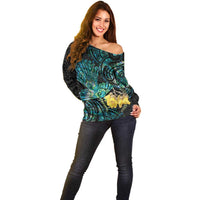 New Zealand Fantail Bird Off Shoulder Sweater Maori Piwakawaka Kowhai - Paua Shell Pattern
