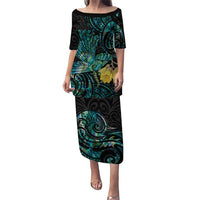 New Zealand Fantail Bird Puletasi Maori Piwakawaka Kowhai - Paua Shell Pattern LT14 Long Dress Green - Polynesian Pride
