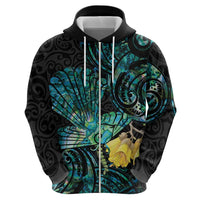 New Zealand Fantail Bird Zip Hoodie Maori Piwakawaka Kowhai - Paua Shell Pattern