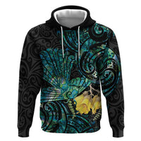 New Zealand Fantail Bird Zip Hoodie Maori Piwakawaka Kowhai - Paua Shell Pattern