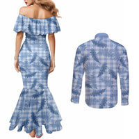 Blue Palaka Hawaii Palapalai Couples Matching Mermaid Dress and Long Sleeve Button Shirt Hawaiian Fern - Polynesian Pride