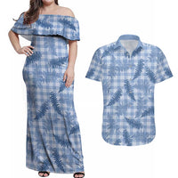 Blue Palaka Hawaii Palapalai Couples Matching Off Shoulder Maxi Dress and Hawaiian Shirt Hawaiian Fern - Polynesian Pride