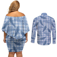 Blue Palaka Hawaii Palapalai Couples Matching Off Shoulder Short Dress and Long Sleeve Button Shirt Hawaiian Fern - Polynesian Pride