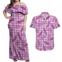 Pink Palaka Hawaii Palapalai Couples Matching Off Shoulder Maxi Dress and Hawaiian Shirt Hawaiian Fern - Polynesian Pride