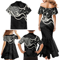 Aloha Hawaii Kalo Pikake Lei Family Matching Mermaid Dress and Hawaiian Shirt Chest Tattoo Black Hawaiian Pattern