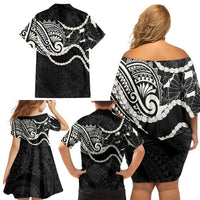 Aloha Hawaii Kalo Pikake Lei Family Matching Off Shoulder Short Dress and Hawaiian Shirt Chest Tattoo Black Hawaiian Pattern