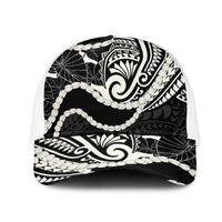 Aloha Hawaii Kalo Pikake Lei Mesh Trucker Cap Chest Tattoo Black Hawaiian Pattern LT14 One Size White Black - Polynesian Pride