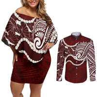 Aloha Hawaii Kalo Pikake Lei Couples Matching Off Shoulder Short Dress and Long Sleeve Button Shirt Chest Tattoo Oxblood Hawaiian Pattern