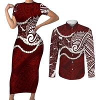 Aloha Hawaii Kalo Pikake Lei Couples Matching Short Sleeve Bodycon Dress and Long Sleeve Button Shirt Chest Tattoo Oxblood Hawaiian Pattern
