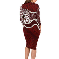 Aloha Hawaii Kalo Pikake Lei Family Matching Long Sleeve Bodycon Dress and Hawaiian Shirt Chest Tattoo Oxblood Hawaiian Pattern