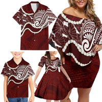 Aloha Hawaii Kalo Pikake Lei Family Matching Off Shoulder Short Dress and Hawaiian Shirt Chest Tattoo Oxblood Hawaiian Pattern