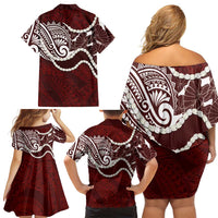 Aloha Hawaii Kalo Pikake Lei Family Matching Off Shoulder Short Dress and Hawaiian Shirt Chest Tattoo Oxblood Hawaiian Pattern