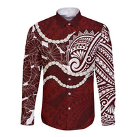 Aloha Hawaii Kalo Pikake Lei Long Sleeve Button Shirt Chest Tattoo Oxblood Hawaiian Pattern LT14 Unisex Oxblood - Polynesian Pride