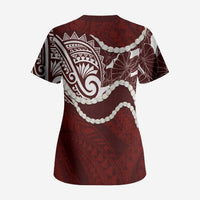 Aloha Hawaii Kalo Pikake Lei Scrub Top Chest Tattoo Oxblood Hawaiian Pattern LT14 - Polynesian Pride