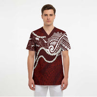 Aloha Hawaii Kalo Pikake Lei Scrub Top Chest Tattoo Oxblood Hawaiian Pattern LT14 - Polynesian Pride