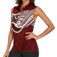 Aloha Hawaii Kalo Pikake Lei Women Sleeveless Polo Shirt Chest Tattoo Oxblood Hawaiian Pattern
