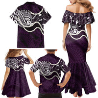 Aloha Hawaii Kalo Pikake Lei Family Matching Mermaid Dress and Hawaiian Shirt Chest Tattoo Purple Hawaiian Pattern