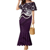 Aloha Hawaii Kalo Pikake Lei Family Matching Mermaid Dress and Hawaiian Shirt Chest Tattoo Purple Hawaiian Pattern