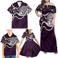 Aloha Hawaii Kalo Pikake Lei Family Matching Off Shoulder Maxi Dress and Hawaiian Shirt Chest Tattoo Purple Hawaiian Pattern