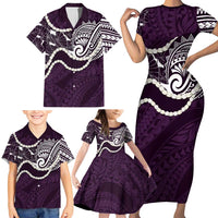 Aloha Hawaii Kalo Pikake Lei Family Matching Short Sleeve Bodycon Dress and Hawaiian Shirt Chest Tattoo Purple Hawaiian Pattern