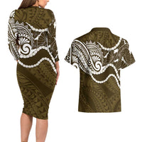 Aloha Hawaii Kalo Pikake Lei Couples Matching Long Sleeve Bodycon Dress and Hawaiian Shirt Chest Tattoo Gold Hawaiian Pattern