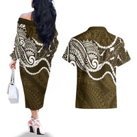 Aloha Hawaii Kalo Pikake Lei Couples Matching Off The Shoulder Long Sleeve Dress and Hawaiian Shirt Chest Tattoo Gold Hawaiian Pattern