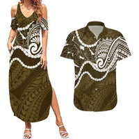 Aloha Hawaii Kalo Pikake Lei Couples Matching Summer Maxi Dress and Hawaiian Shirt Chest Tattoo Gold Hawaiian Pattern