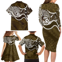 Aloha Hawaii Kalo Pikake Lei Family Matching Long Sleeve Bodycon Dress and Hawaiian Shirt Chest Tattoo Gold Hawaiian Pattern