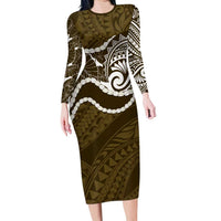Aloha Hawaii Kalo Pikake Lei Family Matching Long Sleeve Bodycon Dress and Hawaiian Shirt Chest Tattoo Gold Hawaiian Pattern
