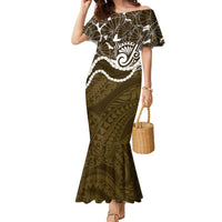 Aloha Hawaii Kalo Pikake Lei Family Matching Mermaid Dress and Hawaiian Shirt Chest Tattoo Gold Hawaiian Pattern