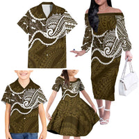 Aloha Hawaii Kalo Pikake Lei Family Matching Off The Shoulder Long Sleeve Dress and Hawaiian Shirt Chest Tattoo Gold Hawaiian Pattern