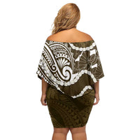 Aloha Hawaii Kalo Pikake Lei Family Matching Off Shoulder Short Dress and Hawaiian Shirt Chest Tattoo Gold Hawaiian Pattern