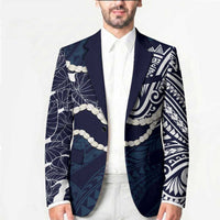 Aloha Hawaii Kalo Pikake Lei Blazer Chest Tattoo Oxford Blue Hawaiian Pattern LT14 - Polynesian Pride