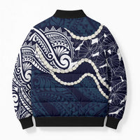 Aloha Hawaii Kalo Pikake Lei Bomber Puffer Jacket Chest Tattoo Oxford Blue Hawaiian Pattern LT14 - Polynesian Pride