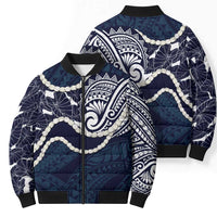 Aloha Hawaii Kalo Pikake Lei Bomber Puffer Jacket Chest Tattoo Oxford Blue Hawaiian Pattern LT14 - Polynesian Pride