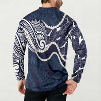 Aloha Hawaii Kalo Pikake Lei Button Sweatshirt Chest Tattoo Oxford Blue Hawaiian Pattern LT14 - Polynesian Pride
