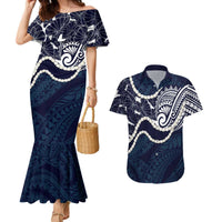 Aloha Hawaii Kalo Pikake Lei Couples Matching Mermaid Dress and Hawaiian Shirt Chest Tattoo Oxford Blue Hawaiian Pattern