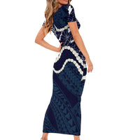 Aloha Hawaii Kalo Pikake Lei Family Matching Short Sleeve Bodycon Dress and Hawaiian Shirt Chest Tattoo Oxford Blue Hawaiian Pattern